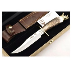 Cuchillo RHINO 16BF (22,5 cm), Latón y Asta de Ciervo (Molibdeno Vanadio - 1.4116) - Muela España - Caja