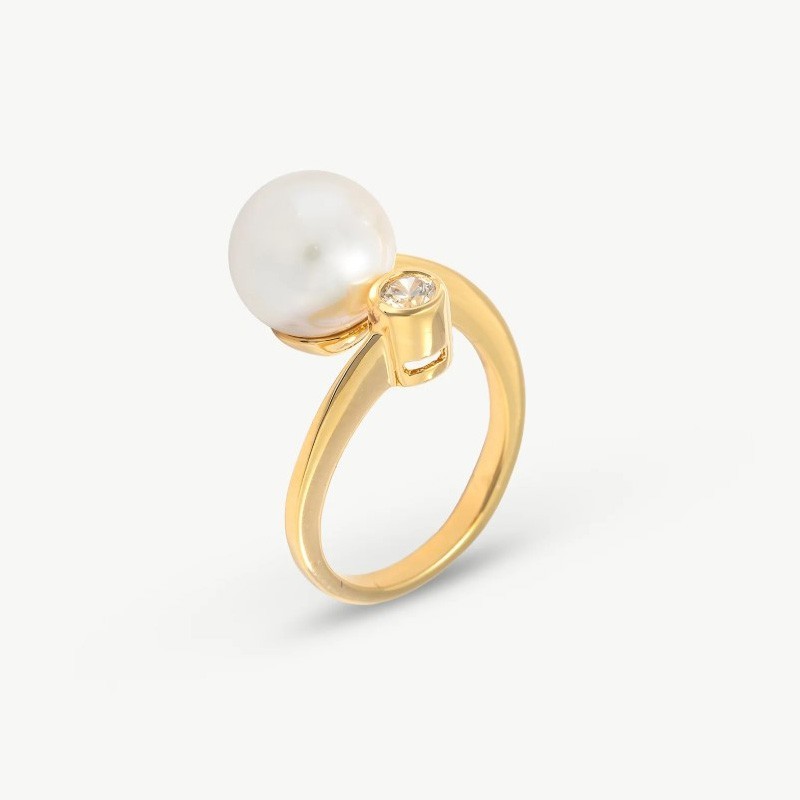 Anillo Perla Selene - plata baño oro 18k - perla blanca redonda 10 mm y circonitas (Majorica)