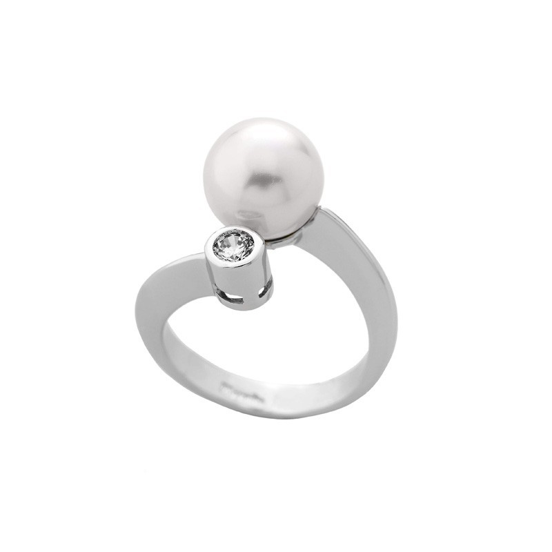 Selene Pearl Ring – Rhodium-Plated Silver – White Round Pearl 10 mm with Cubic Zirconia (Majorica)