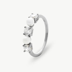 Pearl Ring Zirconia – Rhodium-Plated Silver – White Round Pearl 4 mm with Cubic Zirconia (Majorica)