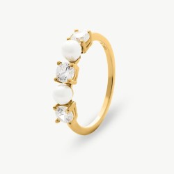 Pearl Ring Zirconia – 18k Gold-Plated Silver – White Round Pearl 4 mm with Cubic Zirconia (Majorica)