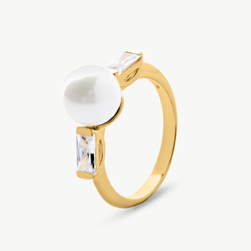 Anillo Perla Selene - plata baño oro 18k - perla blanca redonda 8 mm y circonitas (Majorica)