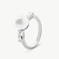 Selene Pearl Ring – Rhodium-Plated Silver – White Round Pearl 8 mm with Cubic Zirconia (Majorica)