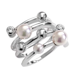 Pearl Ring Planet – Rhodium-Plated Silver – White Round Pearl 4 & 6 mm with Cubic Zirconia (Majorica)