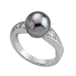 Casiopea Pearl Ring – Rhodium-Plated Silver – Grey Round Pearl 12 mm with Cubic Zirconia (Majorica)