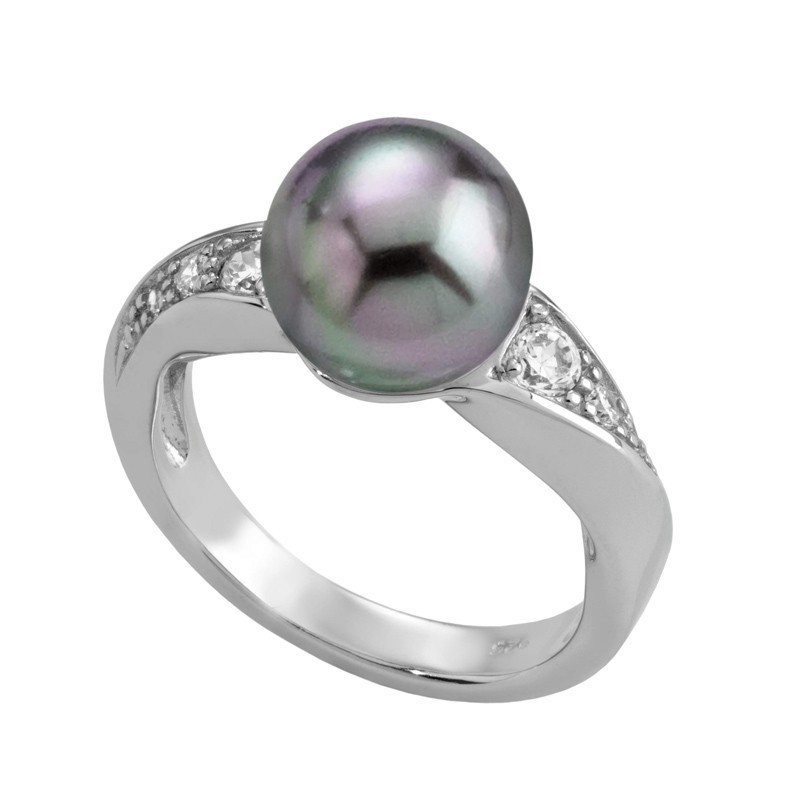 Anillo Perla Casiopea - plata rodiada - perla gris redonda 12 mm y circonitas (Majorica)
