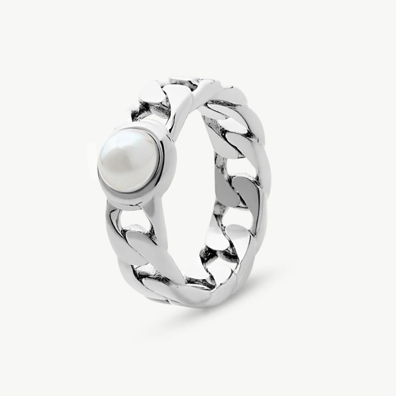 Pearl Ring Puffy Pearls – Rhodium-Plated Steel – White Round Pearl 6 mm (Majorica)