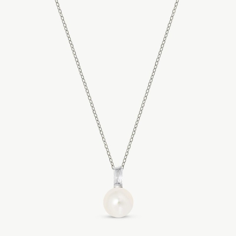Selene Pearl Necklace – rhodium-plated silver – round white 8 mm pearl, 48 cm length with cubic zirconia (Majorica)