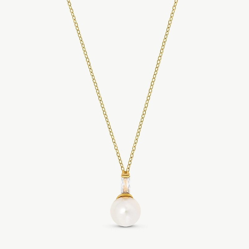 Selene Pearl Necklace – 18k gold-plated silver – round white 8 mm pearl, 48 cm length with cubic zirconia (Majorica)