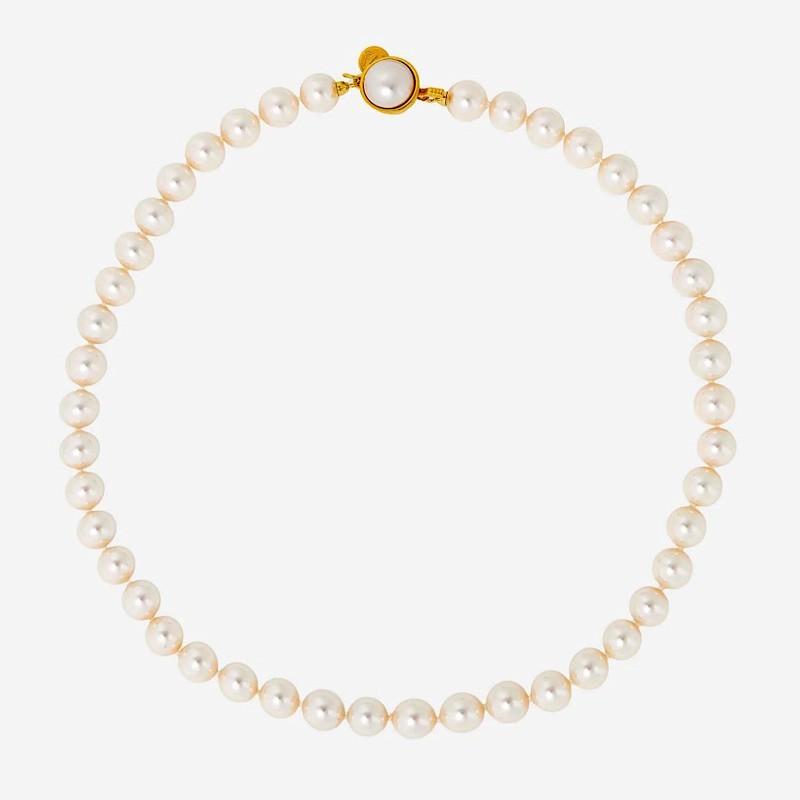 Collar Perla Lyra - plata baño oro 18k - perla blanca redonda 8 mm y 40 cm largo, cierre perla (Majorica)