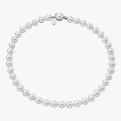 Lyra Pearl Necklace – rhodium-plated silver – round white 8 mm pearl, 45 cm length, pearl clasp (Majorica)