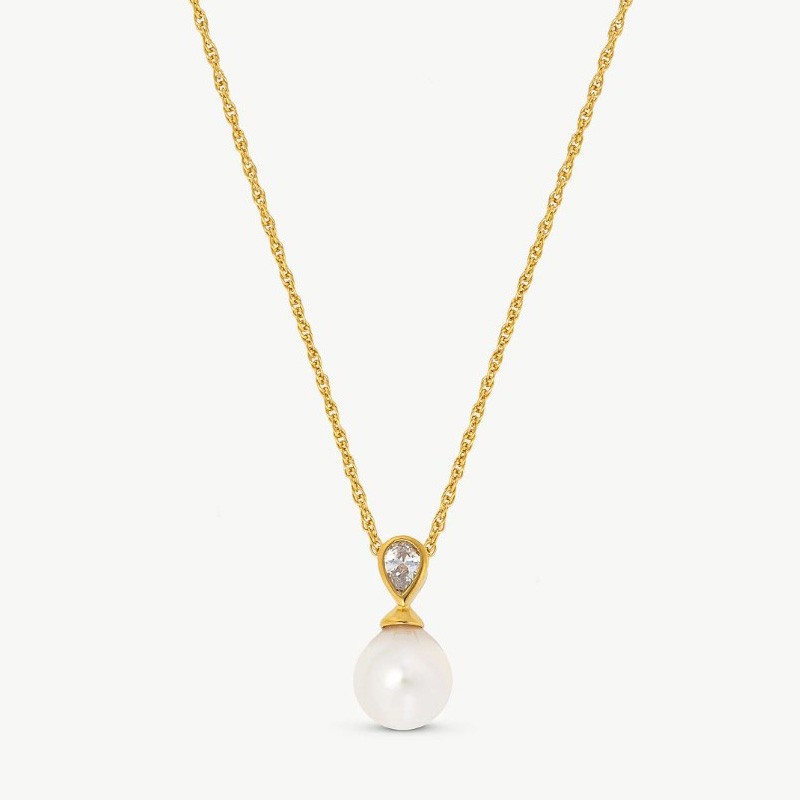 Collar Perla Selene - plata baño oro 18k - perla blanca redonda 12 mm y 48 cm largo con circonita (Majorica)