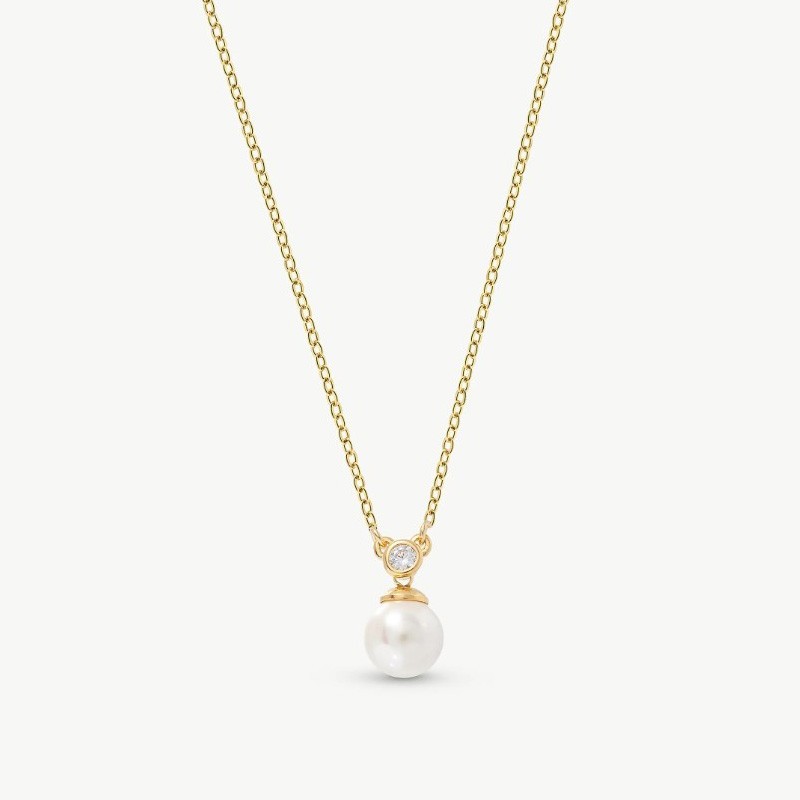 Collar Perla Selene - plata baño oro 18k - perla blanca redonda 8 mm y 42 cm largo con circonita (Majorica)