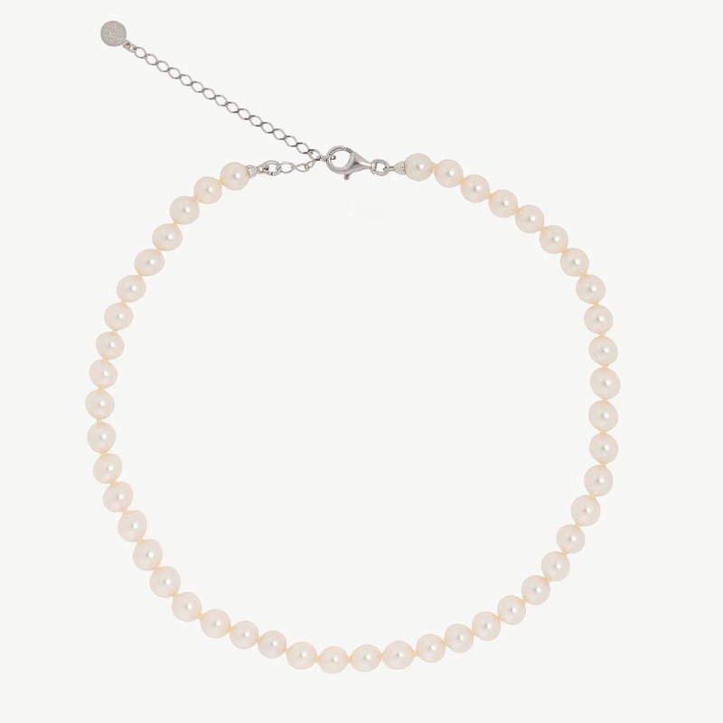 Ballet Pearl Necklace – rhodium-plated silver – round white 8 mm pearl, 40 cm length (Majorica)