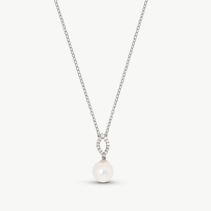 Lilit Pearl Necklace – rhodium-plated silver – round white 12 mm pearl, 47 cm length with cubic zirconia (Majorica)