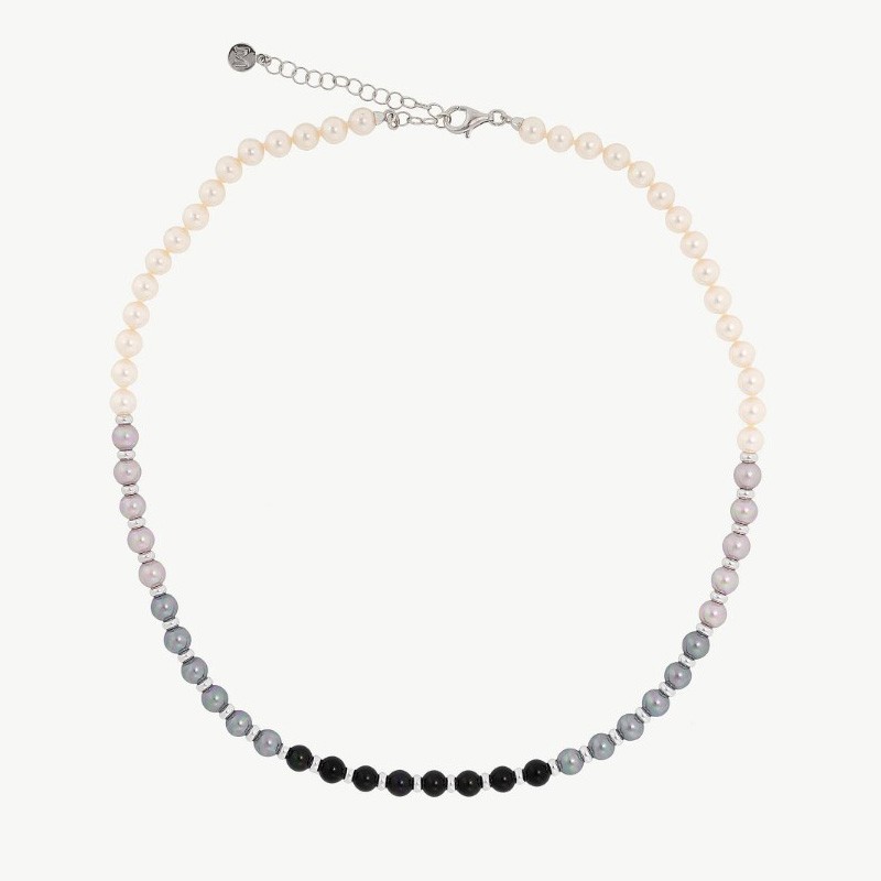 Nyx Pearl Necklace – rhodium-plated silver – round white, grey and black 6 mm pearl, 50 cm length (Majorica)