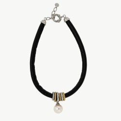 Formentera Pearl Necklace – black leather and steel – round white 16 mm pearl, 42 cm length (Majorica)
