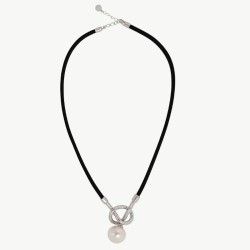 Collar Perla Sicilia - cuero negro y plata - perla blanca redonda 14 mm y 42 cm largo (Majorica)