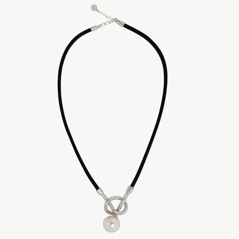 Sicilia Pearl Necklace – black leather and silver – round white 14 mm pearl, 42 cm length (Majorica)