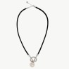 Sicilia Pearl Necklace – black leather and silver – round white 14 mm pearl, 42 cm length (Majorica)