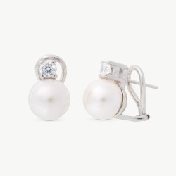 Selene Pearl Earrings – rhodium-plated silver – round white 10 mm pearl with cubic zirconia (Majorica)