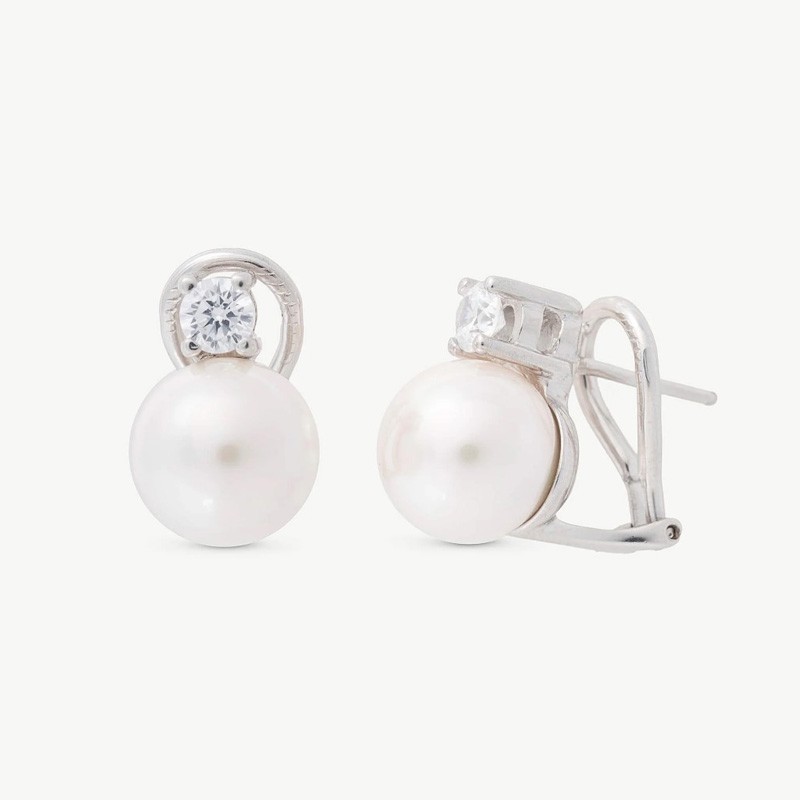 Selene Pearl Earrings – rhodium-plated silver – round white 10 mm pearl with cubic zirconia (Majorica)