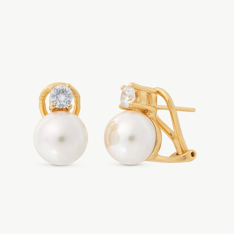 Pendiente Perla Selene - plata baño oro 18k - perla blanca redonda 10 mm con circonita (Majorica)