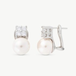 Pendiente Perla Selene - plata rodiada - perla blanca redonda 10 mm con circonita (Majorica)