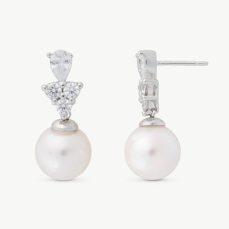 Pendiente Perla Venus - plata rodiada - perla blanca redonda 10 mm con circonita (Majorica)