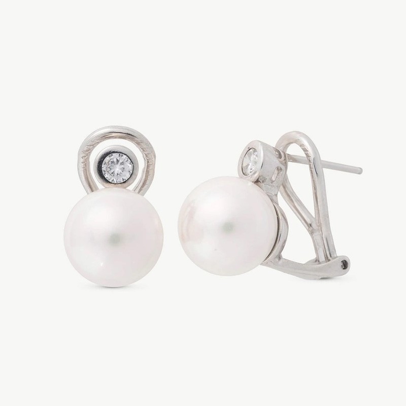 Pendiente Perla Selene - plata rodiada - perla blanca redonda 10 mm con circonita cirular (Majorica)
