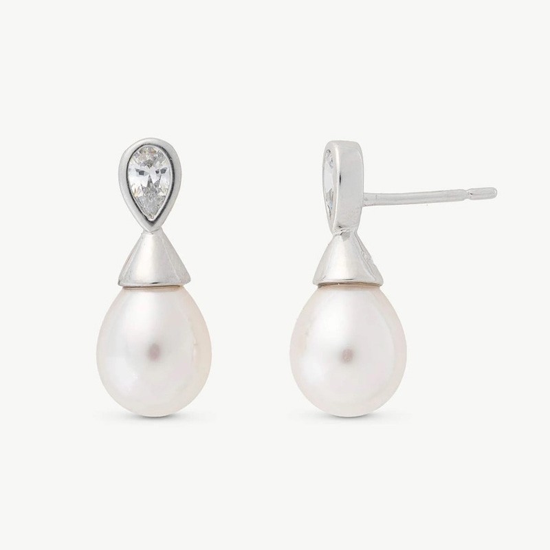 Pendiente Perla Selene - plata rodiada - perla pera blanca 10 mm con circonita (Majorica)