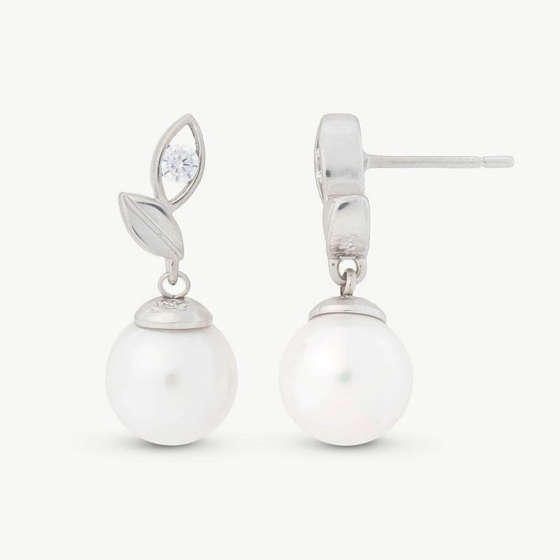 Selene Pearl Earrings – rhodium-plated silver – round white 8 mm pearl with cubic zirconia (Majorica)