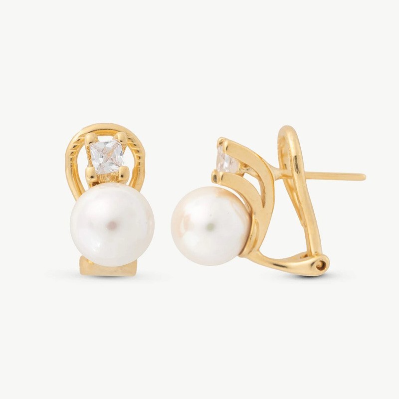 Pendiente Perla Selene - plata baño oro 18k - perla blanca redonda 8 mm con circonita (Majorica)