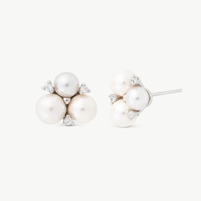 Starlight Pearl Earrings – rhodium-plated silver – round white 5 and 6 mm pearl with cubic zirconia (Majorica)