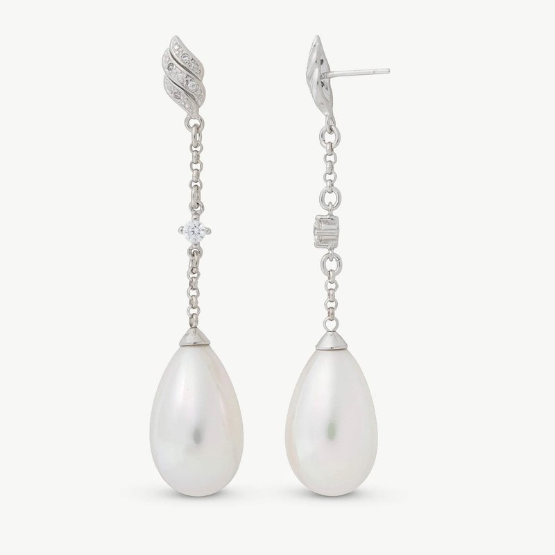 Exquisite Pearl Earrings – rhodium-plated silver – round white 20 mm pearl with cubic zirconia (Majorica)