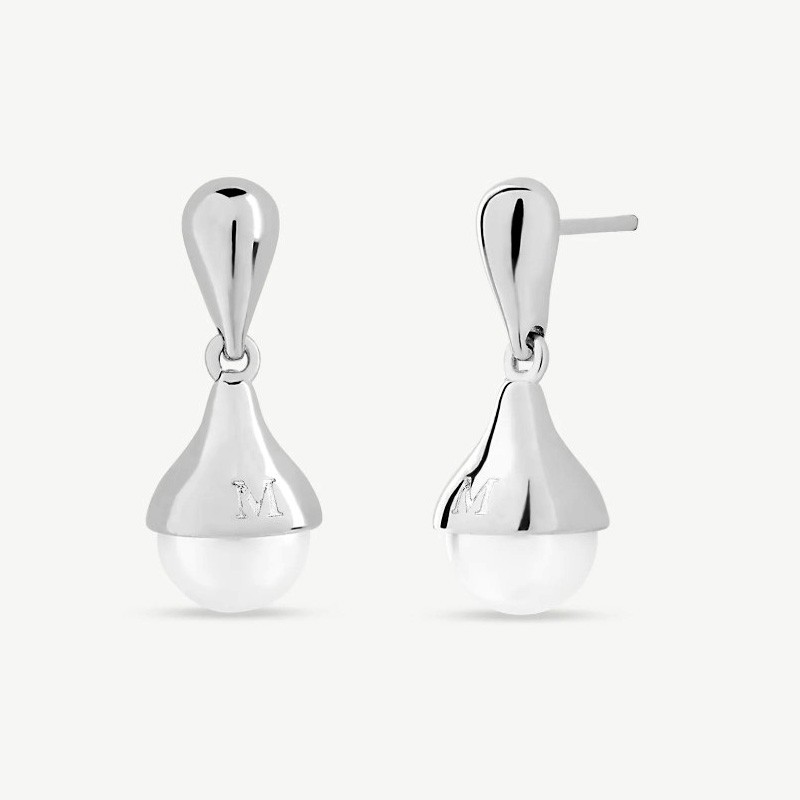 Pendiente Perla Drop - plata rodiada - perla redonda blanca 8 mm (Majorica)