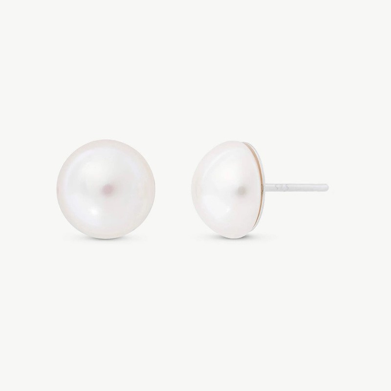 Mabe Pearl Earrings – rhodium-plated silver – round white 10 mm pearl (Majorica)