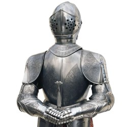 Engraved Medieval Armor, full size (steel) Marto Toledo – Helmet and chest detail