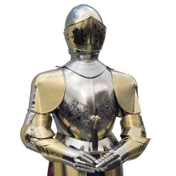 Golden Medieval Armor, full size (steel) Marto Toledo – Helmet and chest detail