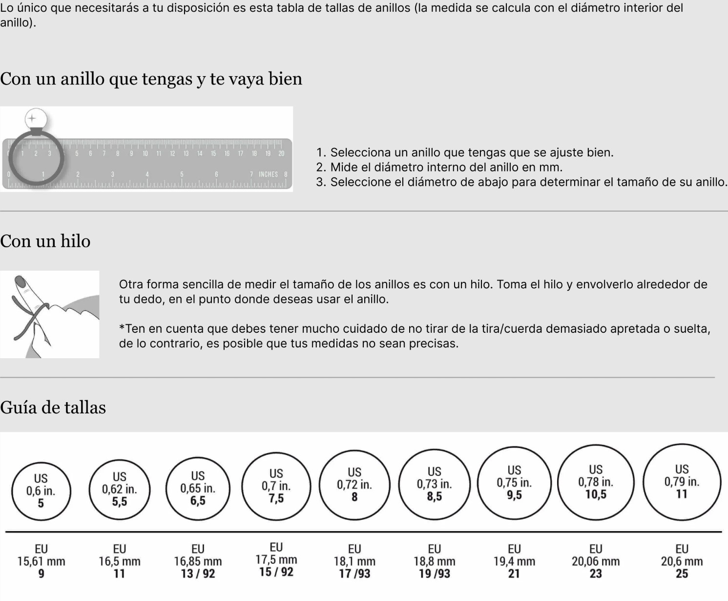 Guía de tallas de anillos Majorica
